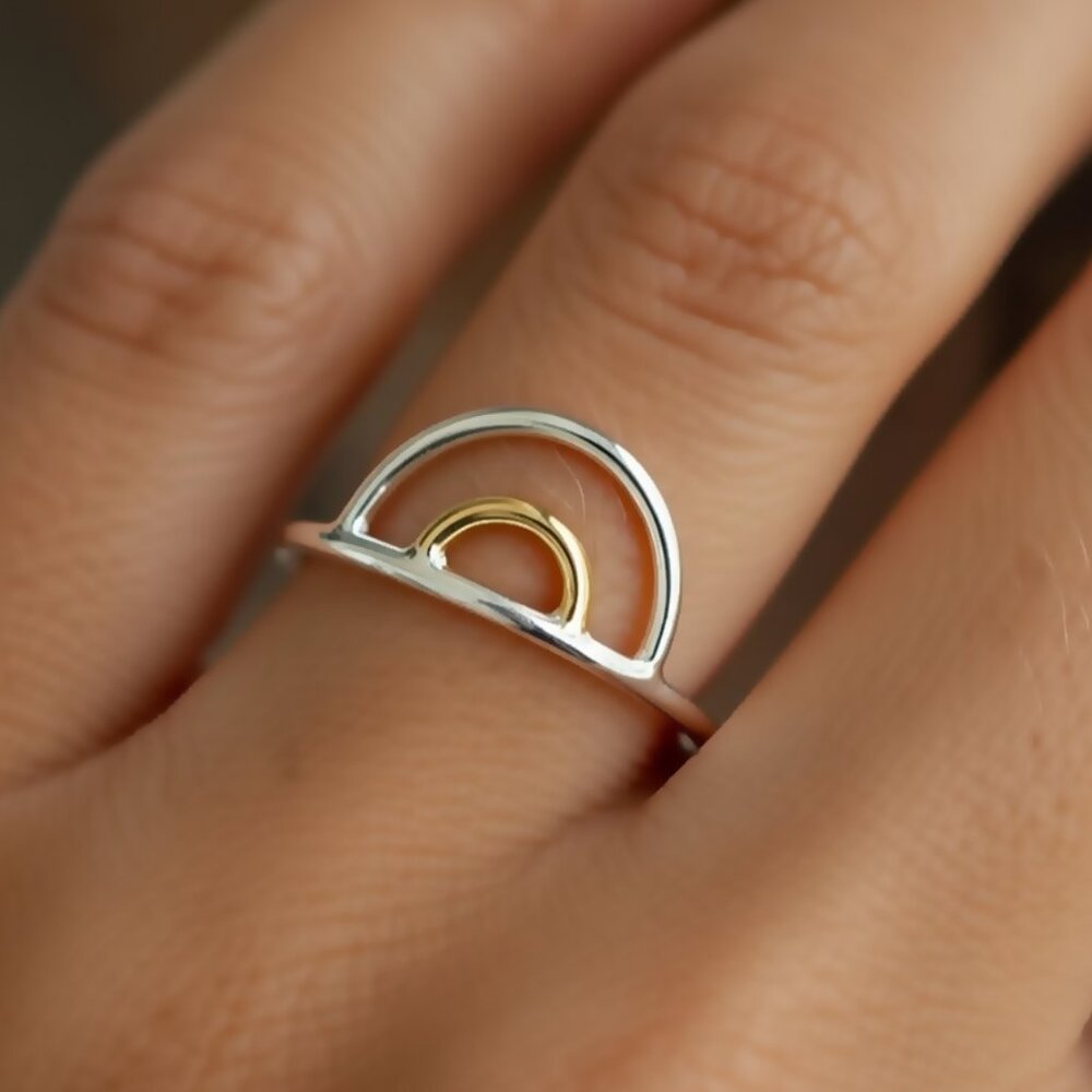Mixed Metal Arch Ring, Rainbow, Sunset 14k Gold FIll and Silver Handmade